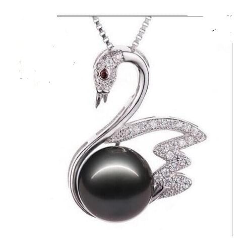 Free shipping free shipping Stunning Tahitian genuine black pearl necklace swan pendant