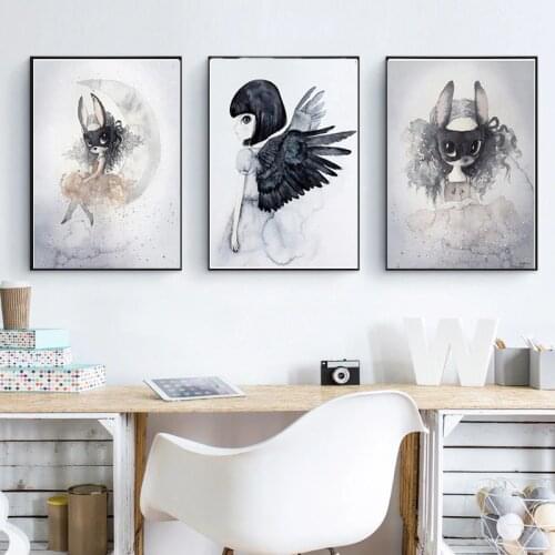 Home Decor Nordic Canvas Painting Wall Art DIY Rabbit Moon Girl Animal Abstract Picture Print Bedroom Painting Backdrop Poster