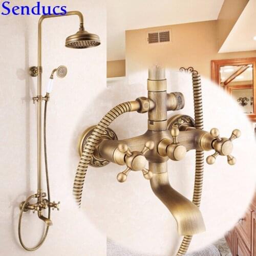 Senducs Hot Sale Antique Bathroom Shower System Dual Handle Antique Bathroom Faucet Quality Brass Bathroom Antique Shower Set