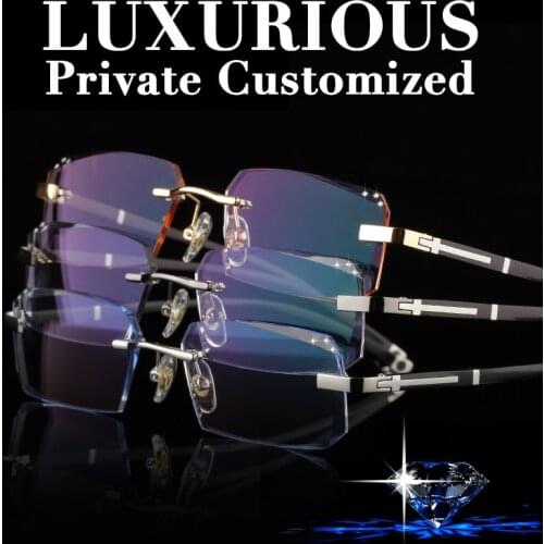 Famous Designer Rimless Glasses Frame Men Rhinestone Eyeglasses Clear Lens Anti Reflective Coating Prescription Eye Glasses 641