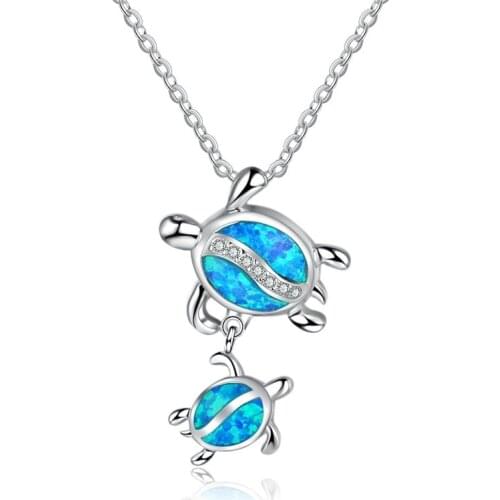 Cute Sea Turtle Mom & Sea Turtle Baby Blue Imitation Fire Opal Pendant Necklace For Women Accessories Jewelry Girl/Boy Gift