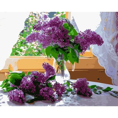 MaHuaf-i014 Painting by numbers windowsill lilac flower wall decor canvas brush painting paint coloring by numbers acrylic craft