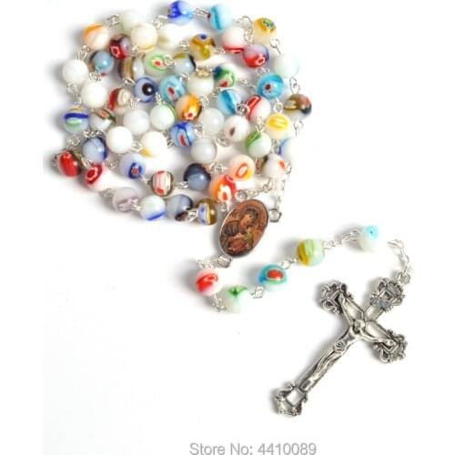 Fashionable Religious Colorful Glass Beads Our Lady of Perpetual Help Rosary Necklace