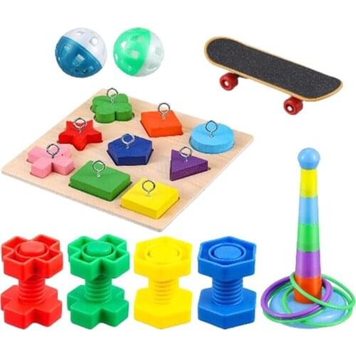 9Pcs Bird Training Toy Set Wooden Block Puzzle Toy Ring Toy Skateboard Nuts Bolt Y5GB