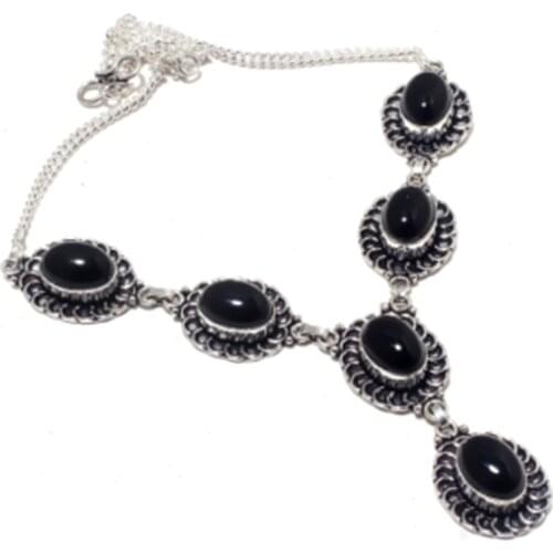 Black Onyx Necklace Silver Overlay over Copper, 43.5 cm ,N4442