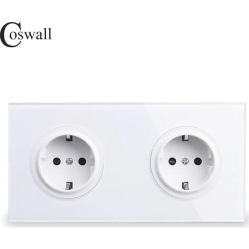 Coswall Crystal Tempered Pure Glass Panel 16A Double EU Standard Wall Power Socket Outlet Grounded With Child Protective Lock