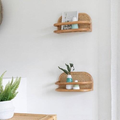 Japanese Style Woven Rattan Decor Shelf Book Display Organizer Wall Hanging Rack Bedroom Save Space Cosmetic Storage Wall Hooks