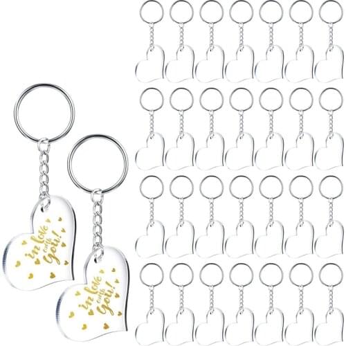30 Blanks Clear Acrylic Blanks Heart Shape Plain Acrylic and 30 Pieces Key Chain Metal Key Rings for DIY Projects Crafts
