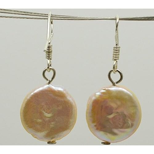 Genuine coin pearl earrings pink huge 14mm freshwater pearl jewelry 925 sterling silver dange earring perfect for mother gift