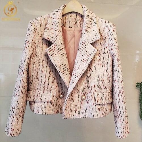 SMTHMA High Quality Newest Runway 2021 Designer Tweed Woolen Blazer Coat Womens Long Sleeve Turndown Collar Short Outwear