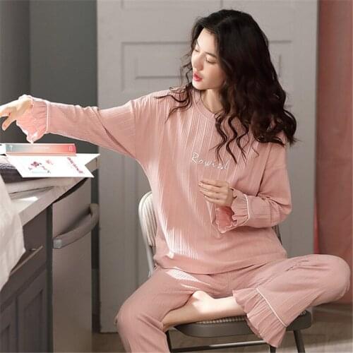 Pajamas women spring and autumn cotton long-sleeved casual thin cartoon home service 2PC can be worn outside Nightgown