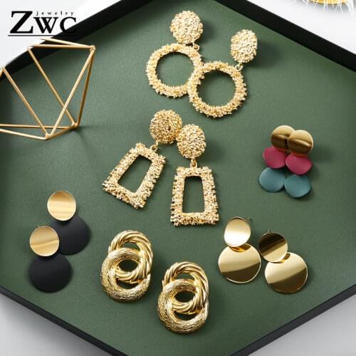 ZWC 2020 Trend Vintage Drop Earrings Large For Women Statement Earrings Geometric Golden Color Pendant Earrings Fashion Jewelry