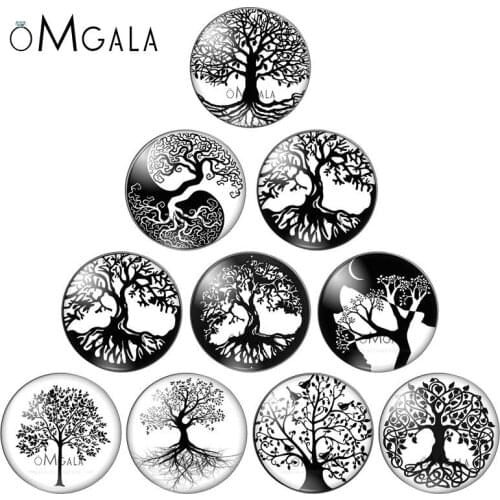 Black Color Tree of Life 10pcs 10mm/12mm/14mm/16mm/18mm/20mm/25mm Round photo glass cabochon demo flat back Making findings