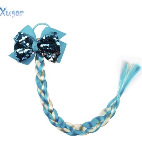 Xugar Hair Accessories Sequin Hair Bows With Wig Hairpin Elastic Rubber Band For Kids Girls Tassel Ponytail Long Wig Hair Band