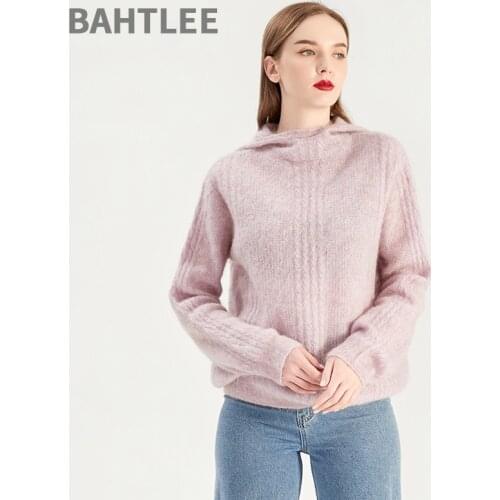 BAHTLEE Women Spring Autumn Mohair Cap Pullover O-Neck Sweater Long Sleeves Wool Knitted Jacquard Weave Jumper Hat Loose Style