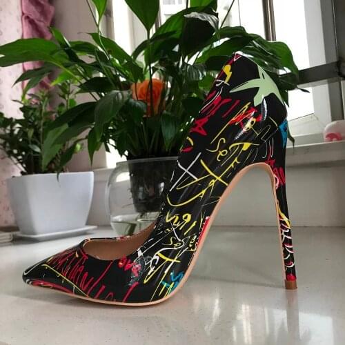 Brand Women Shoes Graffiti Colorful Women Pumps Sexy Stilettos High Heels 12/10/8cm Pointed Toe Women Pumps Women Shoes