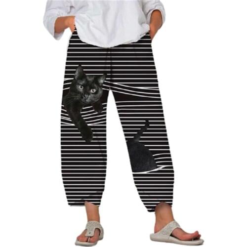 Large Size Spring Ladies Pants 2021 New Summer Pants Casual Cute Cartoon Cat Print Trousers Oversize Loose Beach Wide Leg Pants