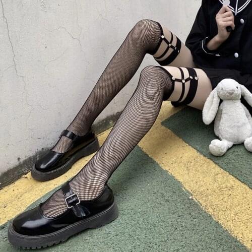 Gothic Clothes Fashion Rivets Stocking Fishnet Over Knee Stocks Sexy Black Stockings Loli Girl Summer and Autumn Cool Hosiery