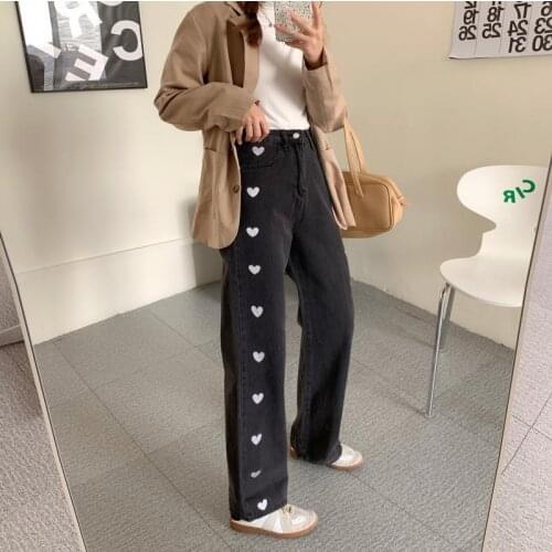 Jeans Women Love Pattern Cowboy Denim Trousers Loose Girls Full Length High Waist All Match Vintage Straight Streetwears