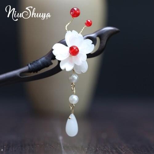 NiuShuya Elegance Waterdrop Hair Stick Vintage hairpin Natural wood Retro Flower Style Hairpin Handmad Chopstick Hair Stick