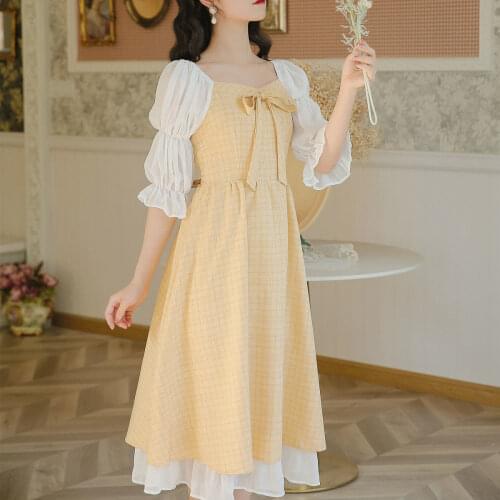 French Vintage Party Midi Dress Women 2021 Summer Fairy Tale Plaid Yellow Kawaii Dress Puff Sleeve Sweet Cute Princess Dress New