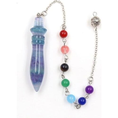 FYJS Unique Silver Plated Bullet Shape Natural Fluorite Stone Pendulum for Scrying Pendant Link Chain Necklace