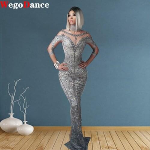 Hot Sexy Sparkly Pearl Rhinestone Gray Dress Fashion Long Sleeves Skinny Prom Nude Stretch Singer Women Clothing