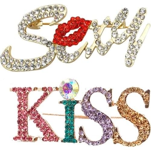 HOSENG Vintage Crystal Rhinestone Sexy Lips Text Ladies Clothing Corsage Decoration Party Brooch Gift Pin HS_845