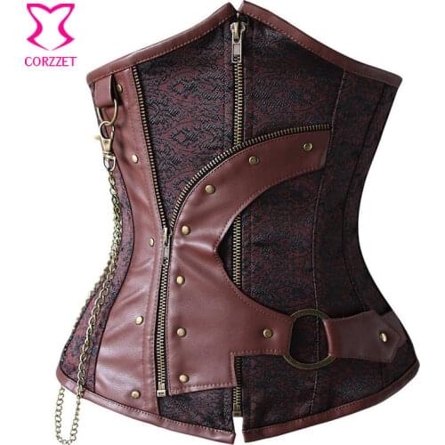 Steampunk Corset Brown Jacquard and Leather Corset Waist Trainer Steel Bone Ropa Gotica Mujer Corselet Underbust Gothic Clothing