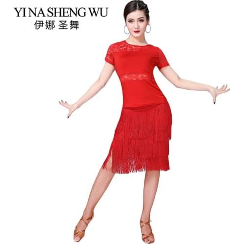 New Latin Dance Costumes Dance Practice Set Samba Costume Top and Skirt Latin Dance Performance 2pcs Short Sleeve Tassel Skirt