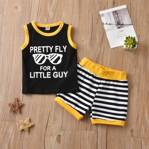 Summer Infant Children Cute Baby Boy Set Letter Print T-shirt Vest Sleeveless Tops +Striped Shorts Kid Clothing Infant Outfits