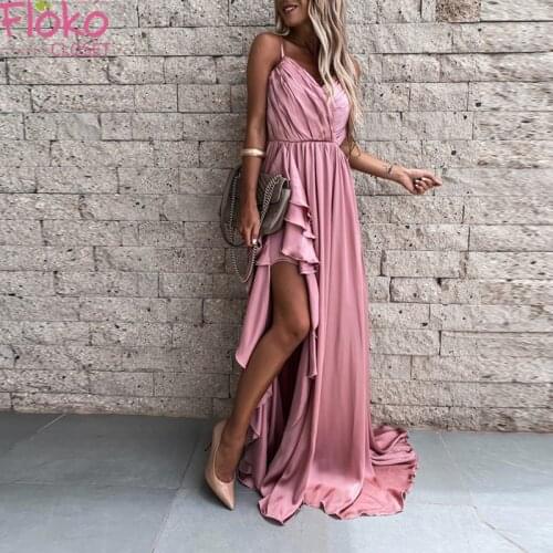 Flokocloset Fashion Sexy Solid Color V-Neck Pleated Sling Long Irregular Dress Women Elegant Party Evening Maxi Dresses Vestidos