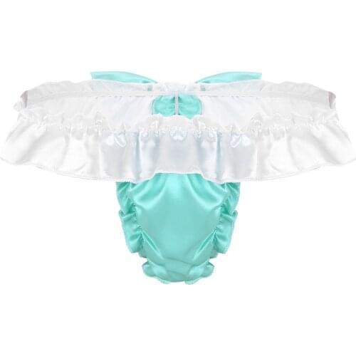 Mens Lingerie Sissy Underwear Shiny Soft Satin Ruffled Frilly Cut Bowknot High Cut Low Rise Bikini G-string Sexy Thong Panties