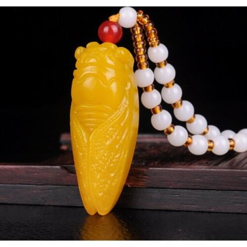 Natural Yellow Hetian Jade Stone Cicada Pendant Beads Necklace Chinese Jadeite Jewelry Charm Reiki Amulet Carved Gifts for Women