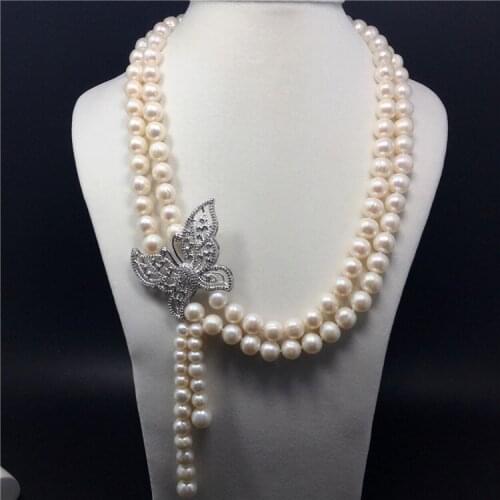 9-10mm Freshwater Pearl Necklace Double Strand Pearl Sweater Chain With Butterfly Decoration Elegant Jewelry Gifts