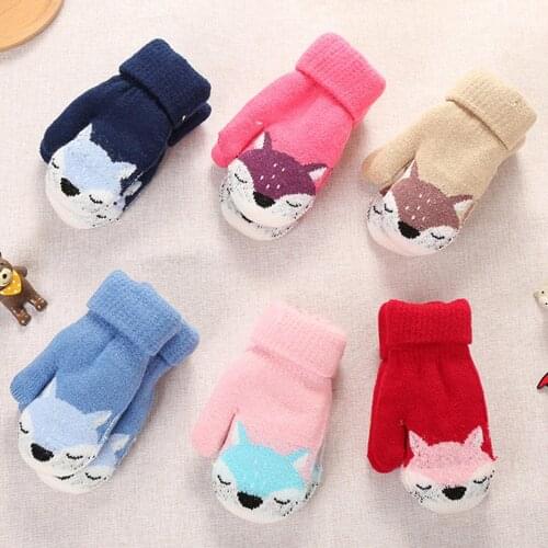 Baby New Cute Deer Gloves Kids Winter Thick Warm Cute Cartoon Fox Double-Layer Knitted Gloves Mittens Kids Keep Finger Warm