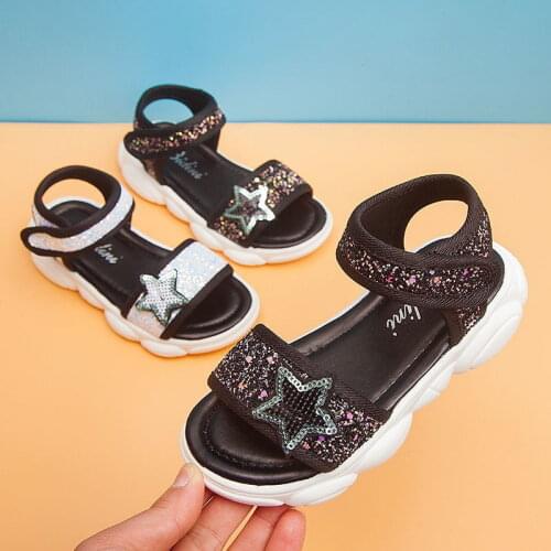 Girls Sandals 2021 Summer Star Sequins Princess Kids Sports Shoes Star Bling Sequins Open Toe Children Beach Sandals