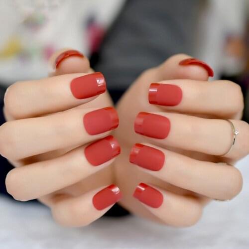 Sexy Red Frosted French Fake Nails Scarlet RedMatte False Nail Tips Square Full Cover Nails Art For Bride Party Wear