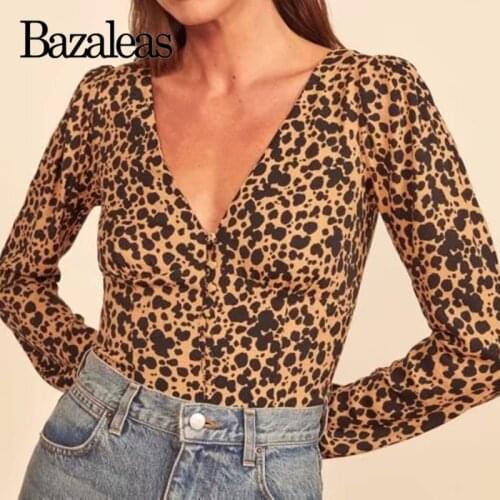 Bazaleas Vintage Leopard Print Deep V Neck Blouse Chic Center Buttons Ropa Mujer Fashion Long Sleeve Blouse Women Harajuku