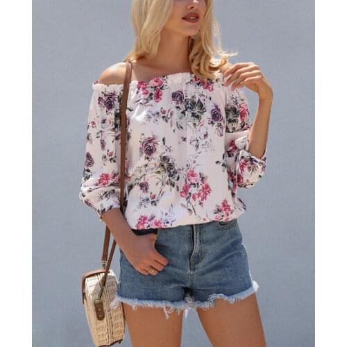 Women Off Shoulder Floral Blouse Shirt New Sexy Tops Lady Loose Flower Print Shirt Summer Fashion 3/4 Sleeve Slash Neck Clothes
