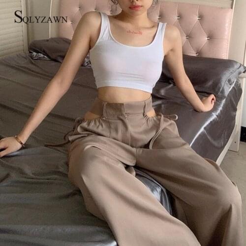 Vintage High Waist Drawstring Ruched Wide Leg Trouses Women Sexy Hollow Out Loose Casual Pocket Pants Trousers Party Office Wear