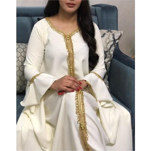 Jalabiya Kaftan Dress For Women Dubai Turkey Golden Ribbon Embroidery Loose Muslim Arabic Islamic Clothing White 2021