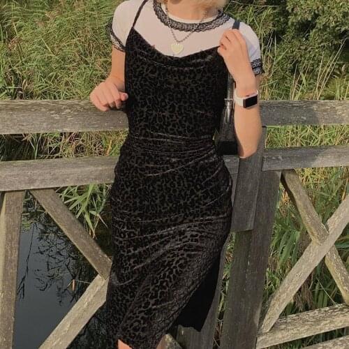 E-Girl Gothic Aesthetic Black Midi Dresses Women Mall Goth Emo Bodycon Leopard Print Sexy Dress Evening Summer Punk Rave Dress