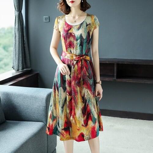 Summer Women Vintage Print Mulberry Silk Dress 2021 Casual 4XL Plus Size Short Sleeve Bodycon Midi Dress Elegant Party Vestidos
