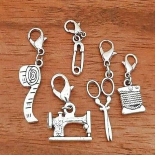 10pcs Mixed Styles Safety Pin Tape-Scissors Cotton Reel Sewing Machine Charms Lobster Clasp Bracelet Pendant Jewelry for Making