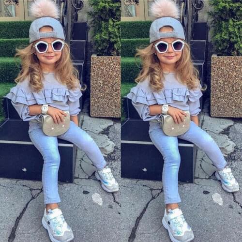 Pudcoco 2020 2PCS Toddler Kids Baby Girls Ruffle Tops Denim Pants Trousers Outfits Clothes