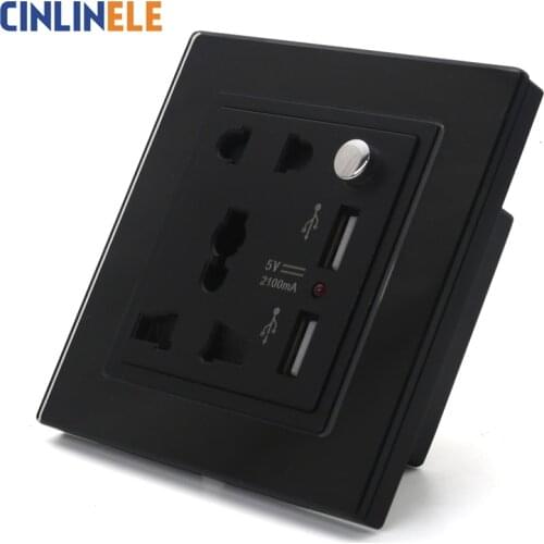 Black Glass Panel 10V Universal Socket + 2 USB 5V Same Color As Touch Switch Customizable Siamese Switch & Socket 90-250V