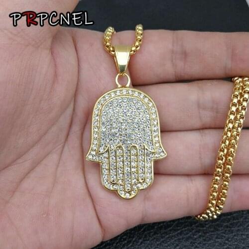 HIP hop Punk Gold color 316L Stainless Steel Fatima Palm Hamsa Amulet with zircon Pendant Necklaces for Men Women Prayer jewelry