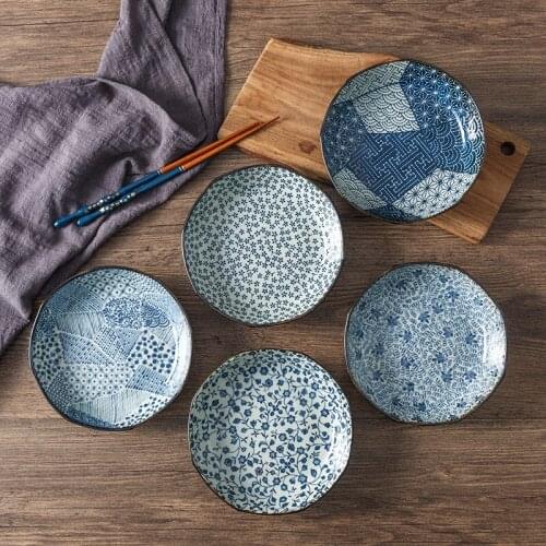 Ceramic Plate, Underglaze Color, Japanese Deep Plate with Irregular Edges, Dish Plate Dinner Set Plates and Dishes