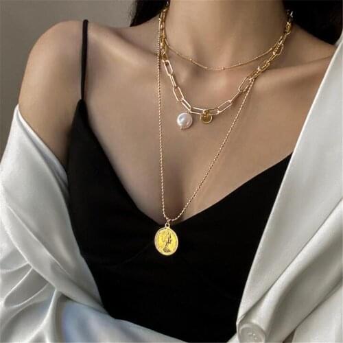 DIEZI Multilayer Beads Chunky Chain Necklace Vintage Punk Fashion Human Head Pendant Imitation Pearl Necklaces Women Jewelry